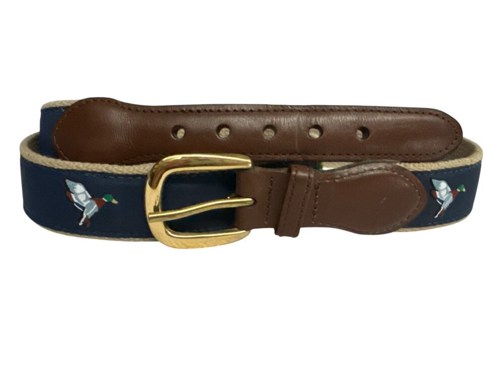 Zep-Pro Mallard Duck Belt Brown Leather Canvas Navy Blue Ribbon Embroidered 38